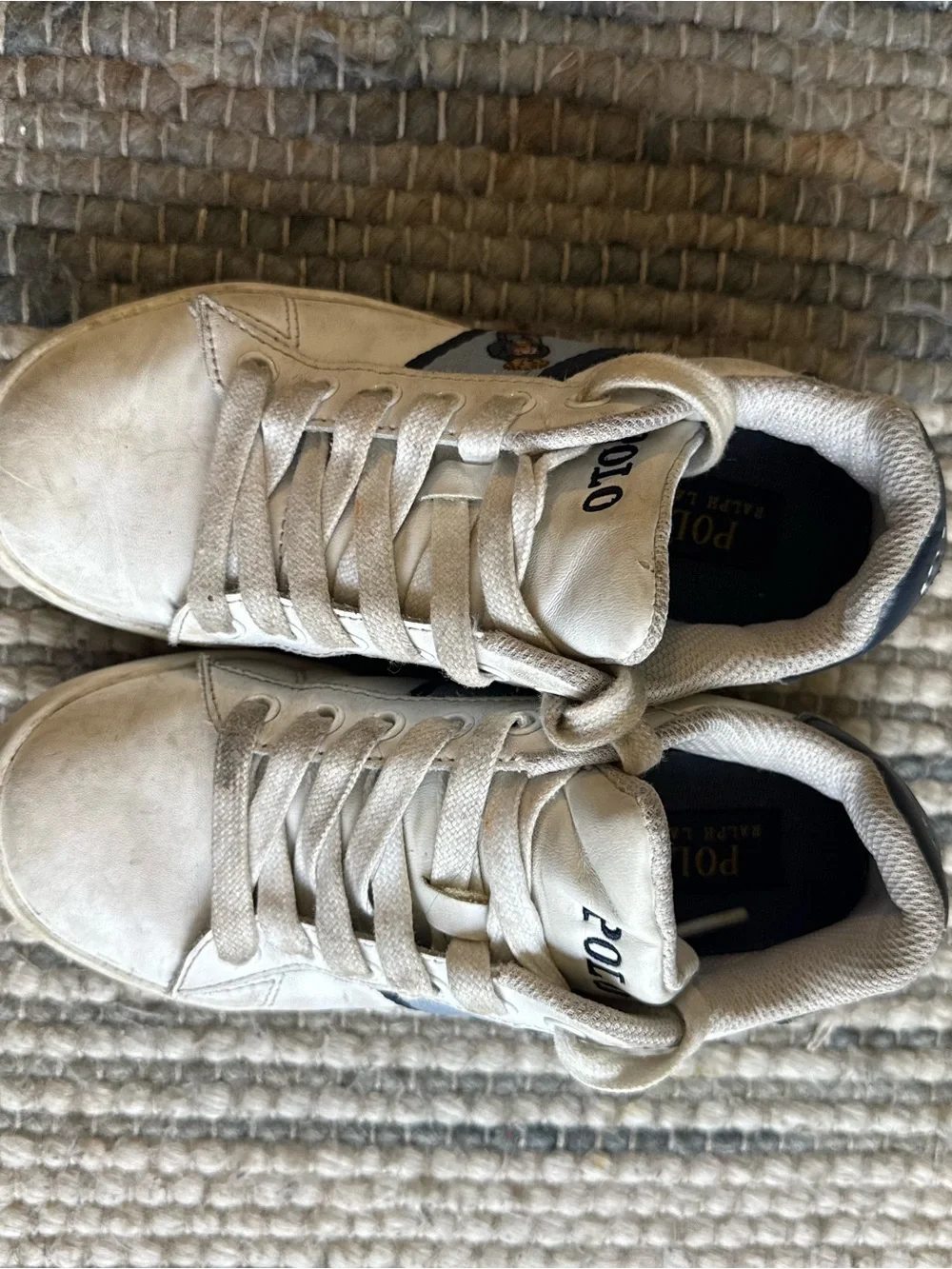 Ralph Lauren Kids White Sneakers with Blue Side Stripe and Bear Patch